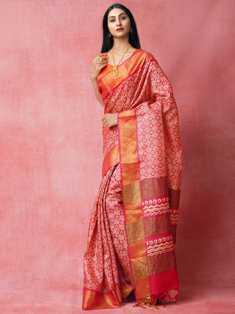 

Unnati Silks Red & Cream-Coloured Ethnic Motifs Zari Pure Silk Tussar Saree