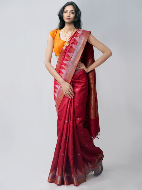 

Unnati Silks Red & Silver-Toned Woven Design Zari Linen Blend Jamdani Saree