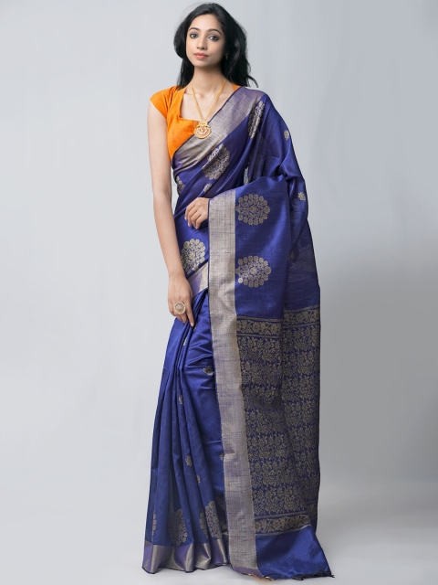 

Unnati Silks Navy Blue & Gold-Toned Woven Design Linen Blend Jamdani Saree