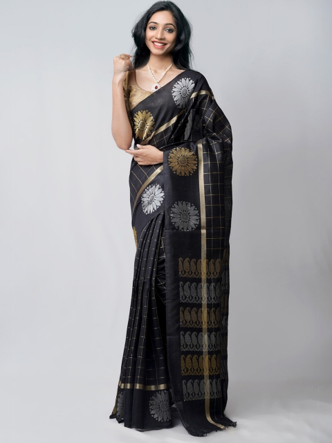 

Unnati Silks Black & Gold-Toned Checked Zari Linen Blend Jamdani Saree
