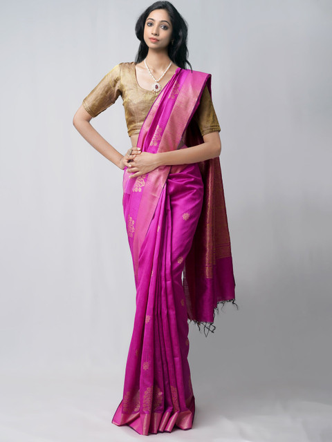 

Unnati Silks Pink & Gold-Toned Ethnic Motifs Zari Linen Blend Handloom Jamdani Saree