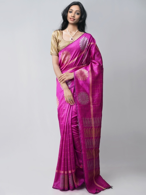 

Unnati Silks Pink & Gold-Toned Woven Design Linen Blend Jamdani Saree