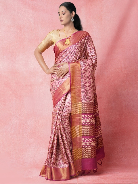 

Unnati Silks Pink & Gold-Toned Ethnic Motifs Printed Pure Handloom Tussar Saree