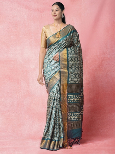 

Unnati Silks Green & Gold-Toned Ethnic Motifs Printed Zari Pure Silk Tussar Saree