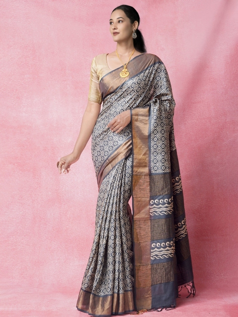 

Unnati Silks Grey & Gold-Toned Ethnic Motifs Zari Pure Silk Tussar Saree