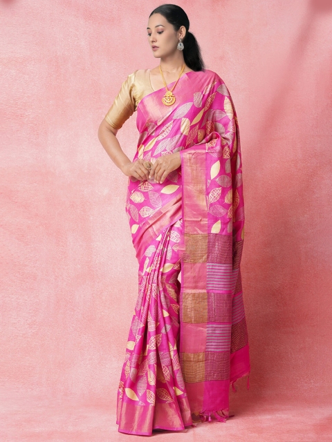 

Unnati Silks Pink & Yellow Ethnic Motifs Printed Pure Silk Handloom Tussar Saree