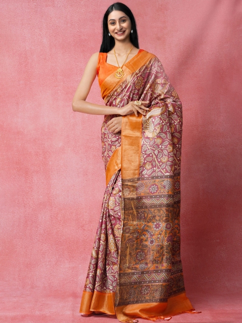 

Unnati Silks Pink & Gold-Toned Ethnic Motifs Zari Pure Silk Tussar Saree