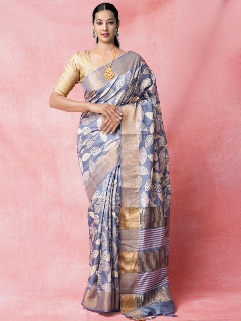 

Unnati Silks Blue & Cream-Coloured Floral Zari Pure Silk Tussar Handloom Saree