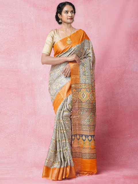 

Unnati Silks Green & Orange Ethnic Motifs Printed Zari Pure Silk Tussar Saree