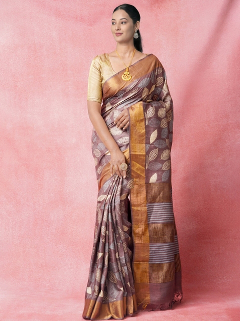 

Unnati Silks Brown & Gold-Toned Ethnic Motifs Zari Pure Silk Tussar Saree