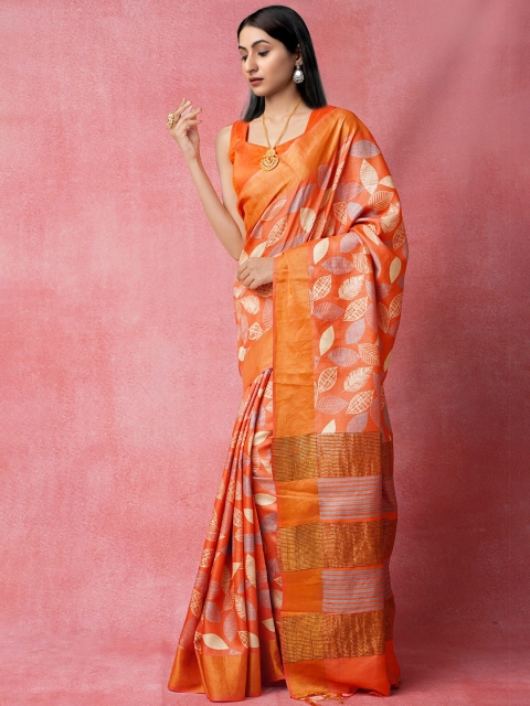 

Unnati Silks Red & Gold-Toned Ethnic Motifs Printed Pure Silk Handloom Tussar Saree