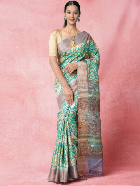 

Unnati Silks Green & Gold-Toned Ethnic Motifs Zari Pure Silk Tussar Saree
