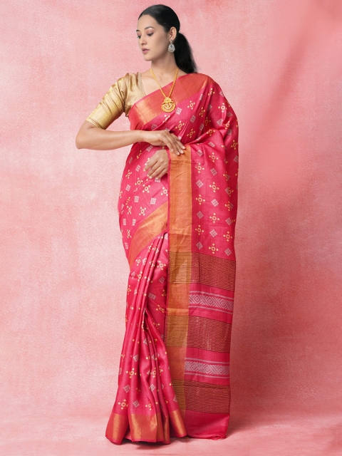 

Unnati Silks Red & Gold-Toned Ethnic Motifs Printed Pure Handloom Tussar Saree