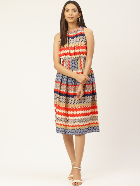 

Cottinfab Women Beige & Orange Abstract Printed Crepe Fit and Flare Dress