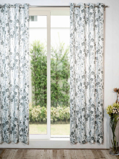 

SHIVANAA HOMES Grey & White Floral Printed Room Darkening Single Long Door Curtain