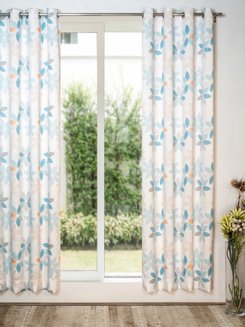 

SHIVANAA HOMES Blue & White Floral Printed Room Darkening Single Long Door Curtain