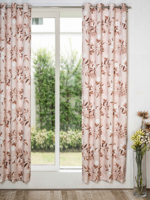 

SHIVANAA HOMES Peach-Coloured & Brown Floral Printed Room Darkening Long Door Curtain