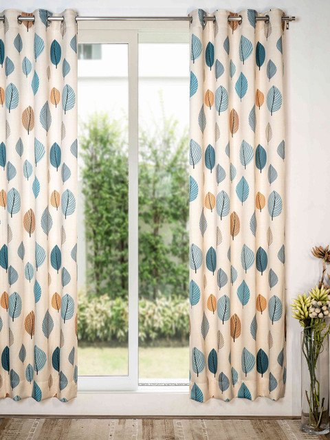 

SHIVANAA HOMES Blue & Peach-Coloured Floral Room Darkening Long Door Curtain