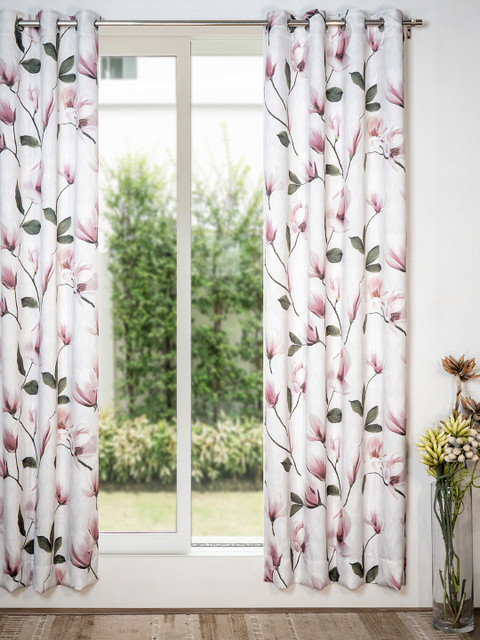 

SHIVANAA HOMES Pink & White Floral Printed Room Darkening Door Curtain
