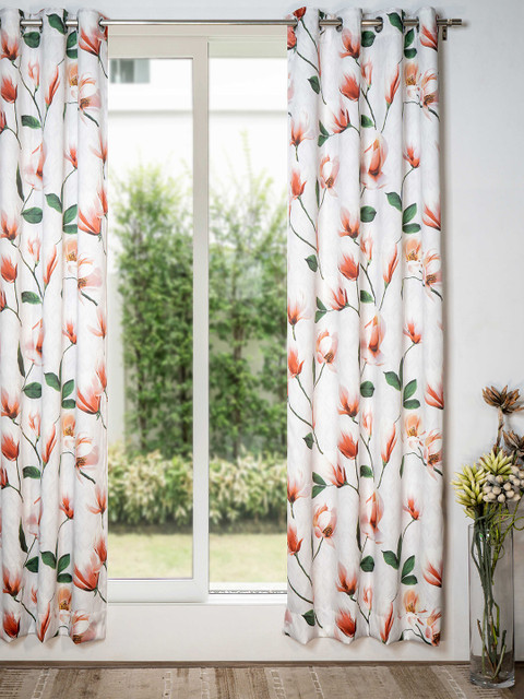 

SHIVANAA HOMES Orange & Green Floral Room Darkening Long Door Curtain