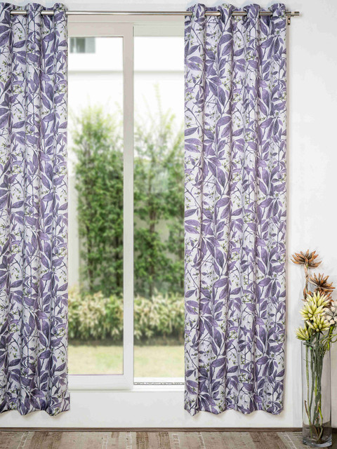 

SHIVANAA HOMES Purple & White Floral Printed Room Darkening Single Long Door Curtain