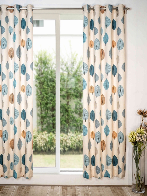 

SHIVANAA HOMES Blue & Cream-Coloured Floral Room Darkening Door Curtain