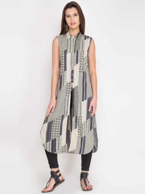 

Tokyo Talkies White & Grey Printed Kurta