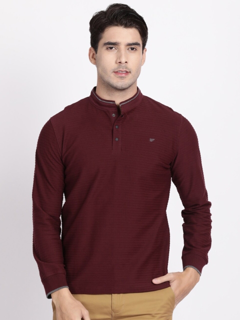 

t-base Men Maroon Self Design Mandarin Collar Cotton T-shirt