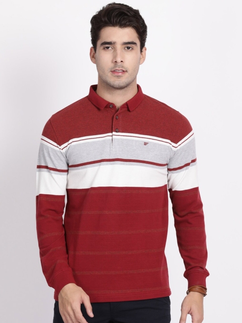 

t-base Men Red & White Striped Pure Cotton Polo Collar T-shirt