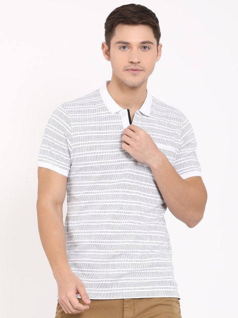 

t-base Men White Striped Pure Cotton Polo Collar Pockets T-shirt