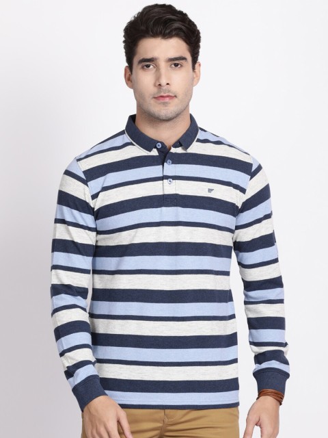 

t-base Men Blue & White Striped Pure Cotton Polo Collar T-shirt