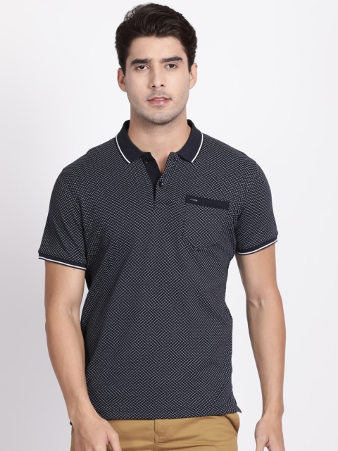 

t-base Men Navy Blue & White Micro Ditsy Printed Polo Collar Pure Cotton Pockets T-shirt