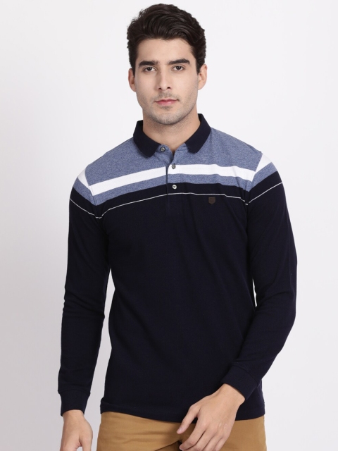 

t-base Men Navy Blue & White Striped Polo Collar Pure Cotton T-shirt
