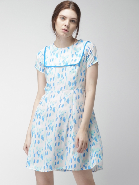 

Mast & Harbour Women White & Blue Printed Fit & Flare Dress