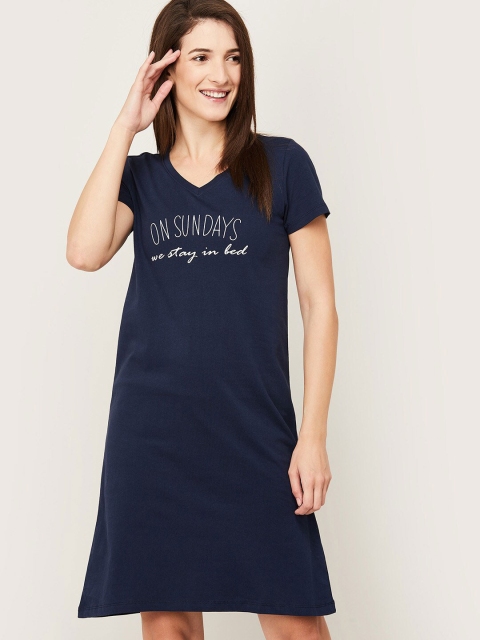 

Ginger by Lifestyle Women Navy Blue Typography Printed Pure Cotton T-shirt