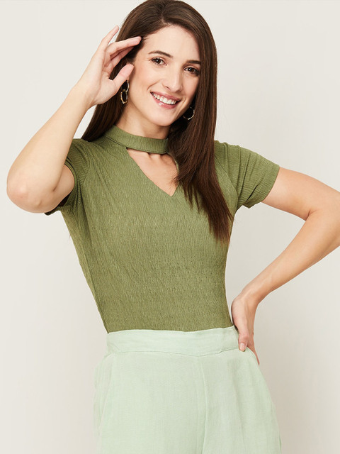 

CODE by Lifestyle Olive Green Striped Choker Neck Top