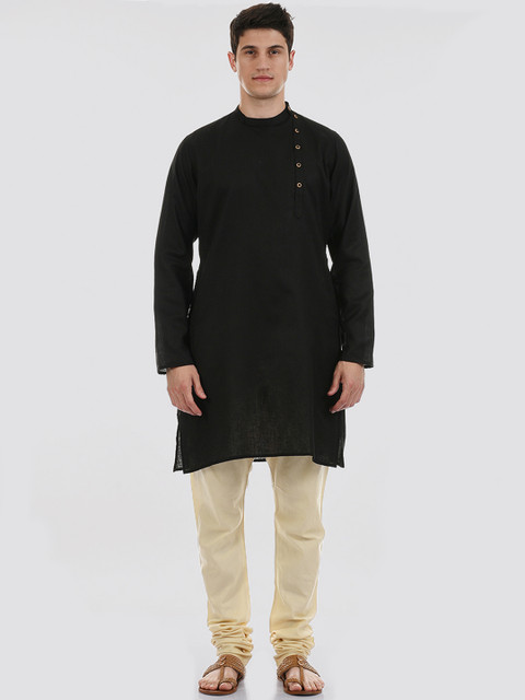 

Ethnicity Men Black Solid Band Collar Cotton Straight Kurta