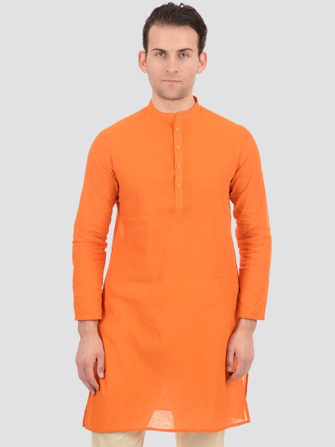 

Ethnicity Men Orange Solid Mandarin Collar Cotton Straight Kurta