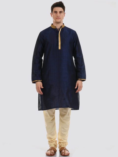 

Ethnicity Men Navy Blue & Gold-Toned Striped Kurta With Gotta Patti Detail