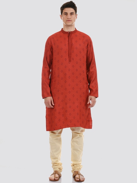 

Ethnicity Men Rust Geometric Printed Thread Work Kurta