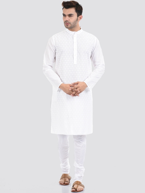 

Ethnicity Men White Embroidered Cotton Kurta