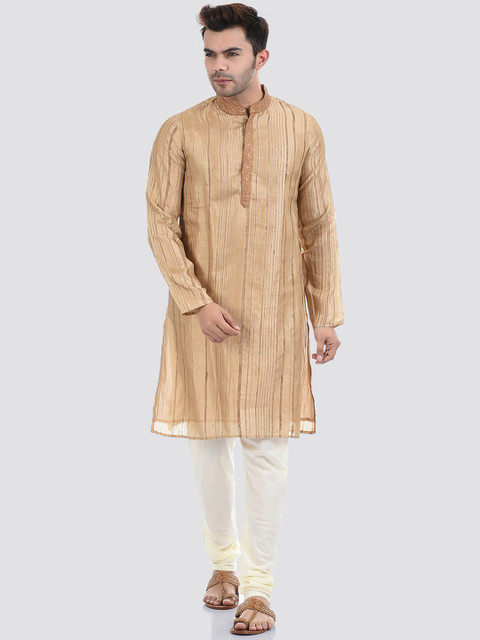 

Ethnicity Men Beige & Grey Striped Cotton A-line Kurta