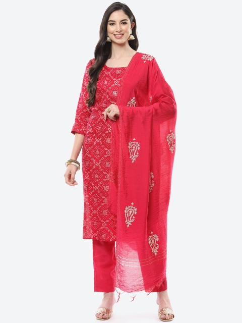 

Meena Bazaar Fuchsia & White Bandhani Printed Pure Cotton Unstitched Dress Material