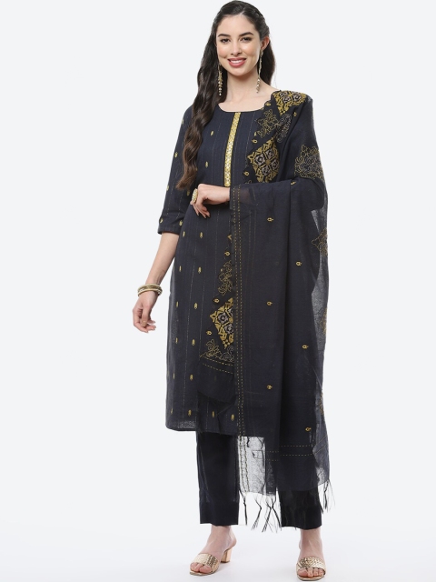 

Meena Bazaar Blue & Gold-Toned Pure Cotton Unstitched Dress Material