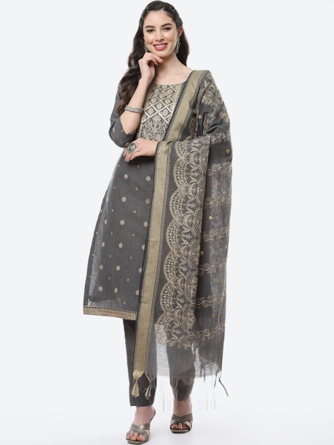 

Meena Bazaar Grey & Gold-Toned Pure Cotton Unstitched Dress Material