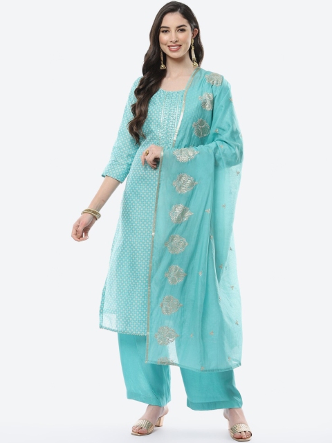 

Meena Bazaar Turquoise Blue & Gold-Toned Sequinned Embroidered Unstitched Dress Material