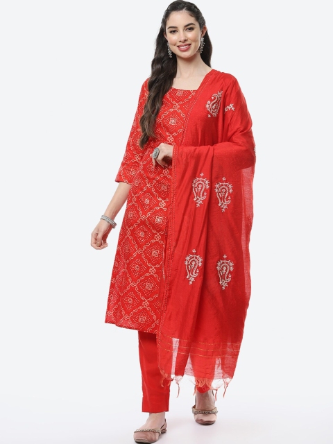 

Meena Bazaar Women Red Bandhani Printed Cotton Unstitched Dress Material with Dupatta