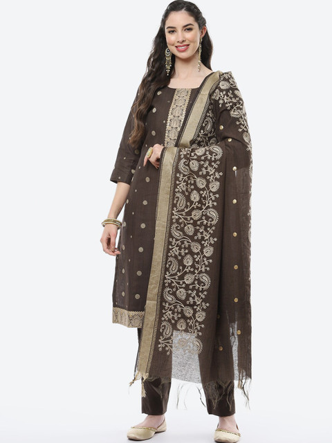 

Meena Bazaar Women Brown & Off-White Embroidered Unstitched Dress Material with Dupatta