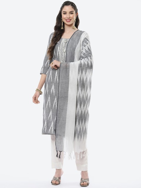 

Meena Bazaar Grey & White Printed Pure Cotton Ikat Unstitched Dress Material