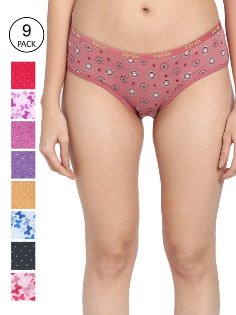 

Fleurt Women Pack Of 9 Assorted Pure Cotton Hipster Briefs